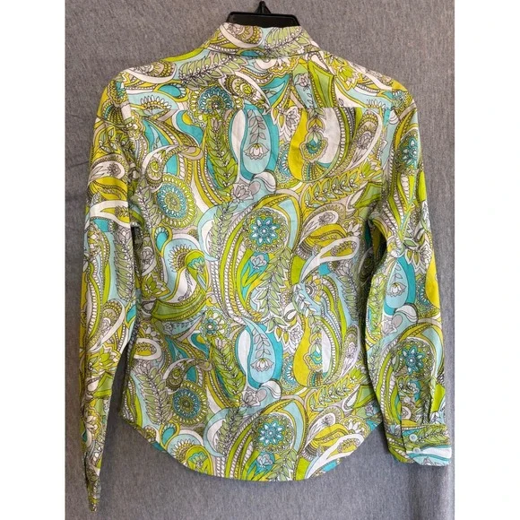 Gap Psychedelic Retro Button Down Green Blue Paisley Floral Cotton Women XS - Picture 4 of 9